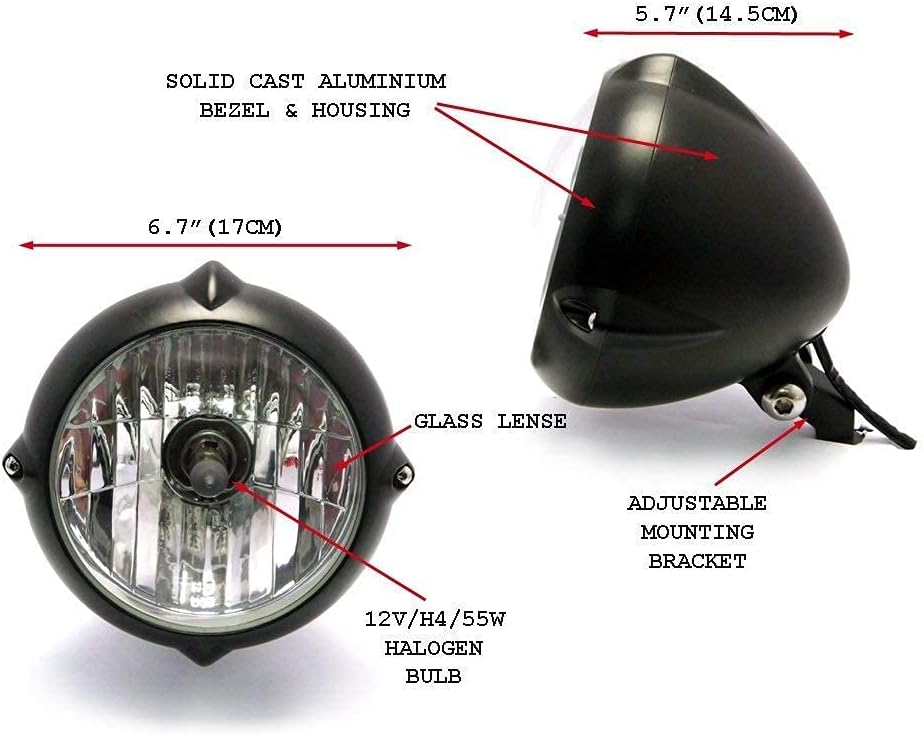 Alchemy Parts 6.7" 12V/55W Mattschwarz Unten Halterung Motorrad Trike Scheinwerfer
