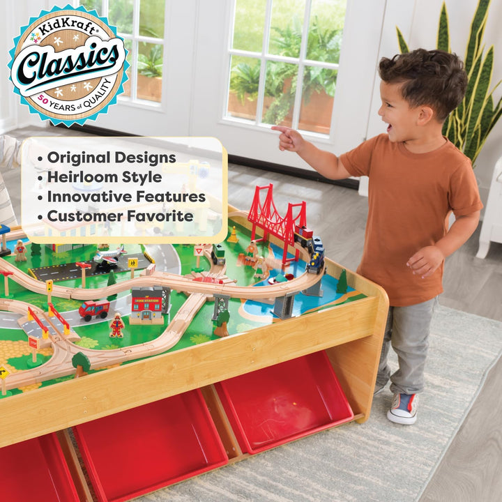 KidKraft Holzeisenbahn und Spieltisch Waterfall Mountain mit Aufbewahrungsbox, Eisenbahn mit Zubehör