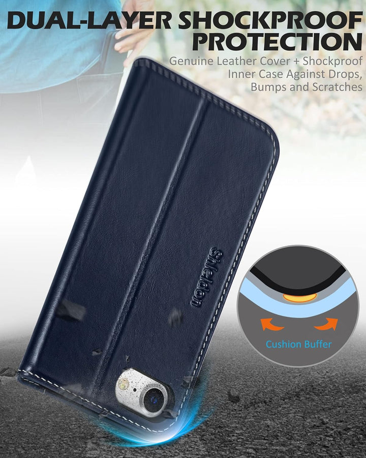 SHIELDON Hülle für iPhone SE 2022 5G /iPhone 8 Handyhülle [Erstklassig Rindsleder] [Kartenfach] [Sta