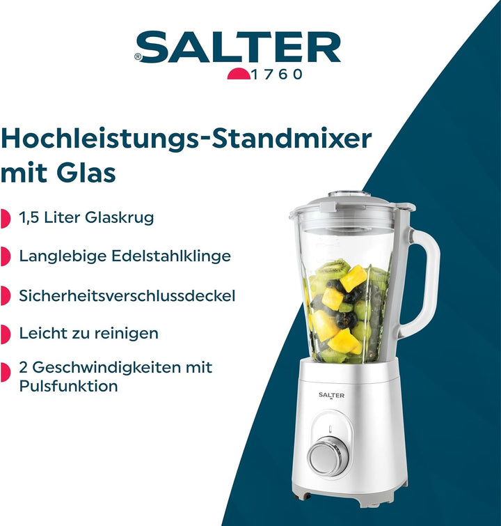 Salter Standmixer Glas 1,5L, Smoothie Maker & Mixer für Küche, Hochleistungsmixer mit Pulsfunktion,
