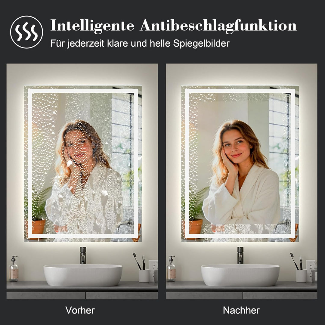 Badspiegel mit Beleuchtung, Badezimmerspiegel 80 x 60 cm, LED Spiegel Bad, mit 3 Lichtfarben, Dimmba