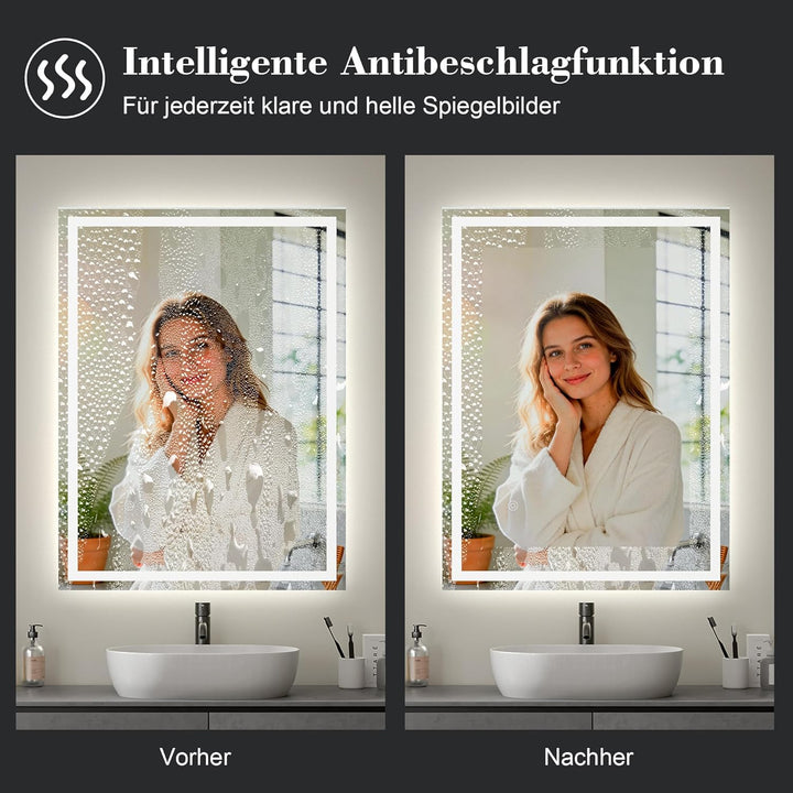 Badspiegel mit Beleuchtung, Badezimmerspiegel 80 x 60 cm, LED Spiegel Bad, mit 3 Lichtfarben, Dimmba