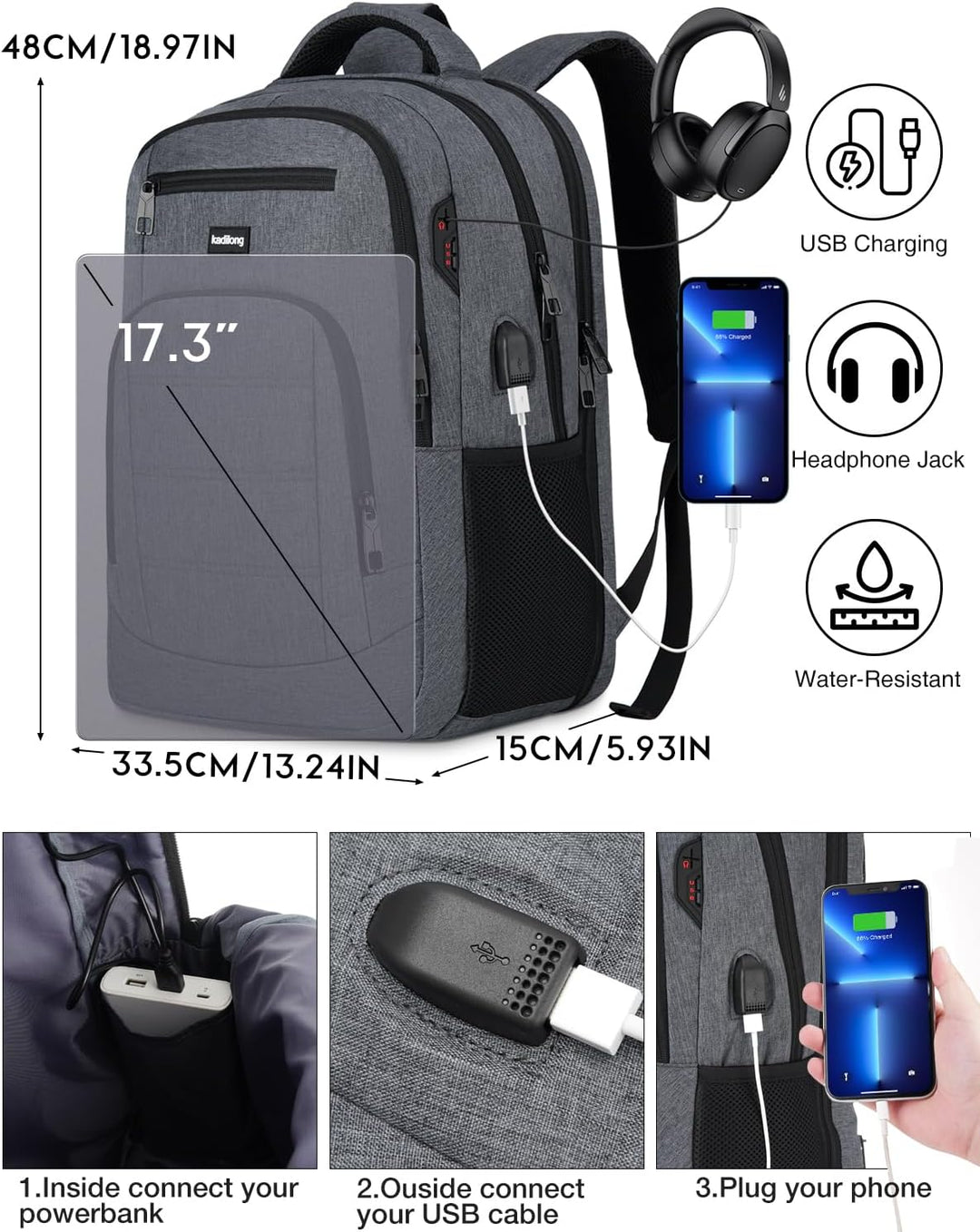 kadilong Gross Rucksack Laptop Herren 17.3 Zoll,Schulrucksack Jungen Teenager Rucksack Schule Schulr