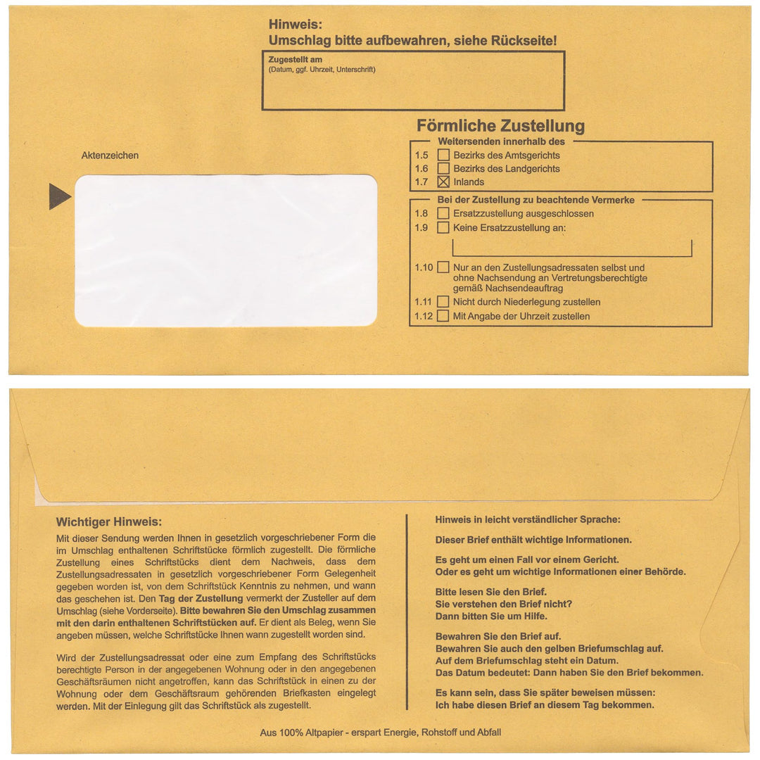 Postzustellungsumschläge DIN Lang „ Förmliche Zustellung “ - Zustellungshüllen mit Fenster (110 × 22