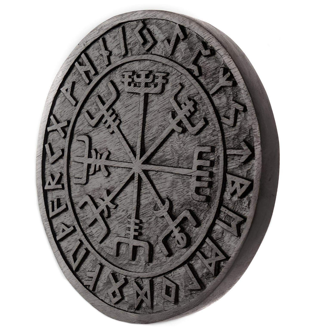Windalf Schwarzes Vikings Holzbild Vegvisir Ø 23 cm Wikinger Kompass Futhark Handarbeit aus Holz