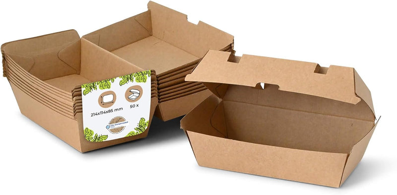 BIOZOYG Take Away Kraftkarton Box 50 Stück I robuste Fast Food Boxen mit hohem Klappdeckel I Snack B