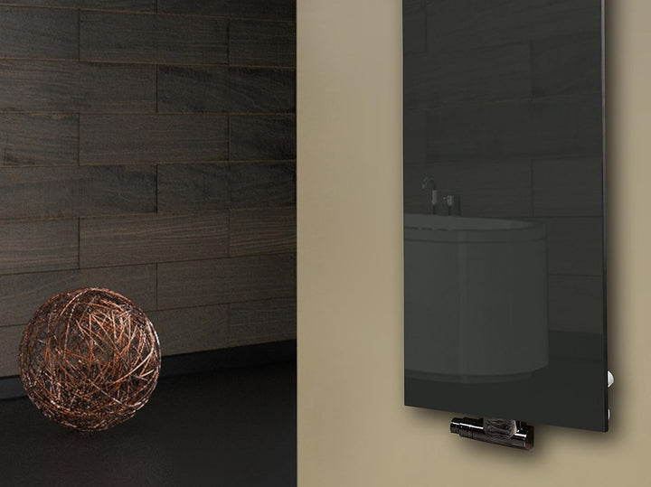 Badheizkörper mit Glas Design Montevideo 2 (Glasfront) 120x47cm 799 Watt anthrazit - moon +1 Halter