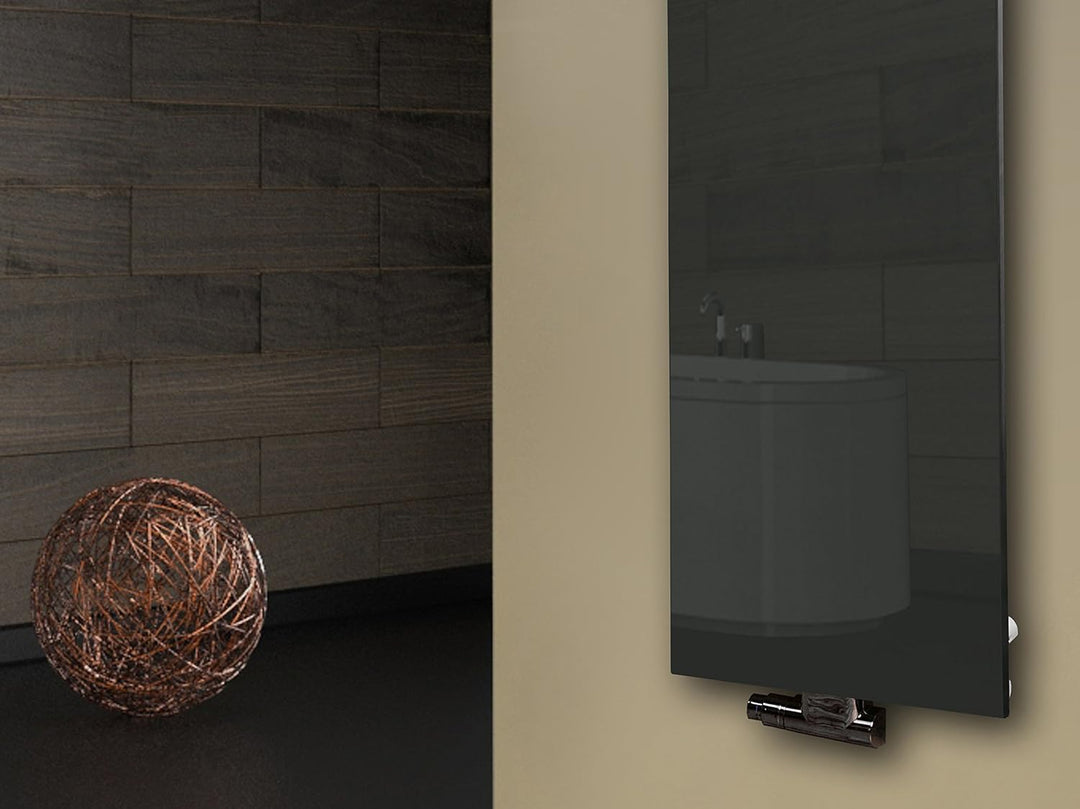 Badheizkörper mit Glas Design Montevideo 2 Glasfront 120x47cm 799 Watt anthrazit moonstone SZAGATO H
