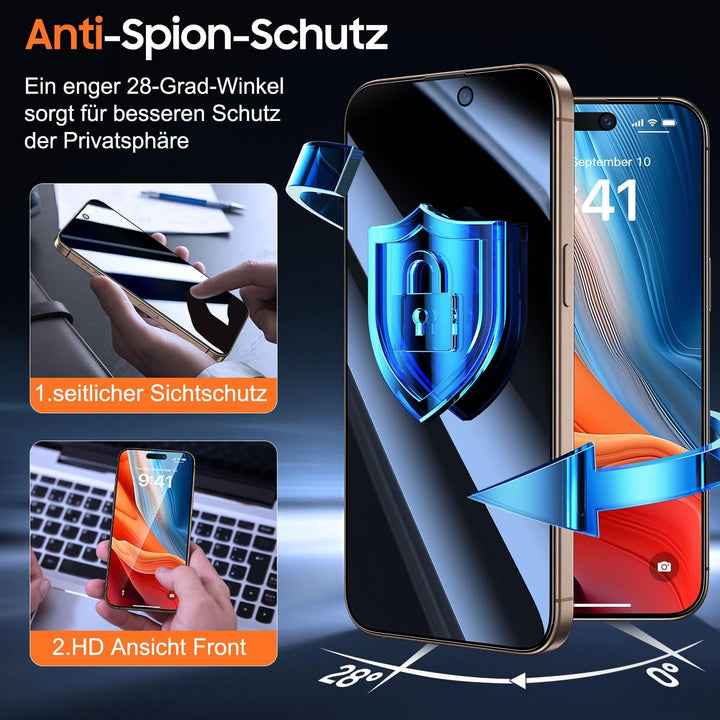 UniqueMe für iPhone 16 Pro für Panzerglas Sichtschutz - [Full Screen Displayschutz] Schutzfolie Sich
