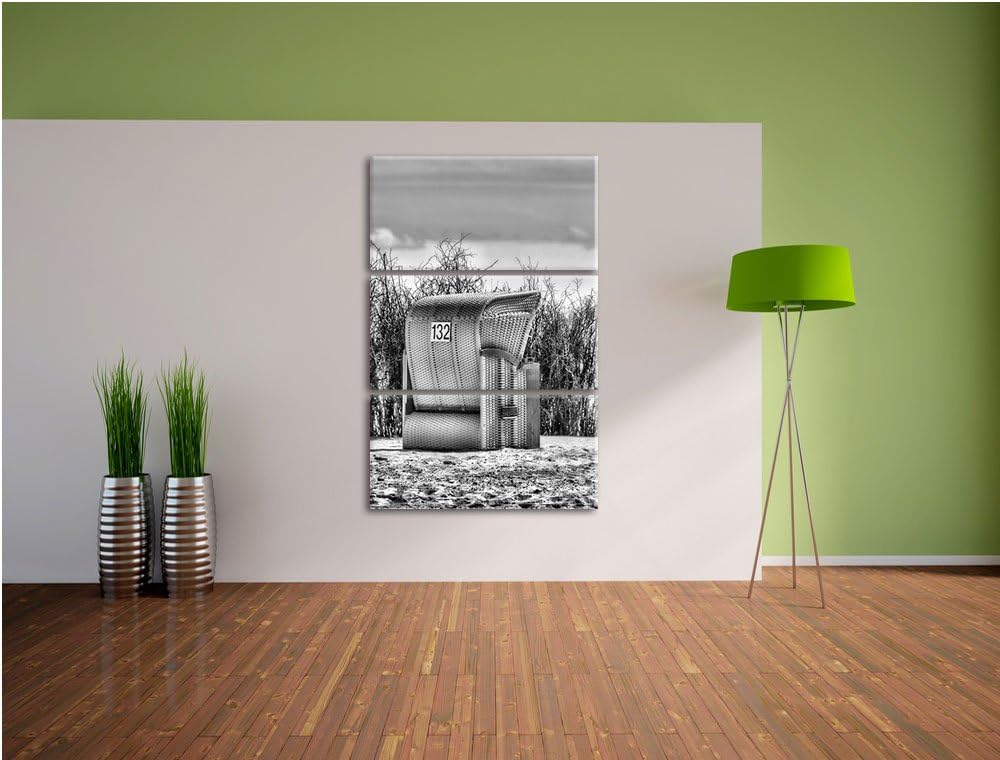 Pixxprint Monocrome, gelber Strandkorb 3-Teiler Leinwandbild 120x80 Bild auf Leinwand