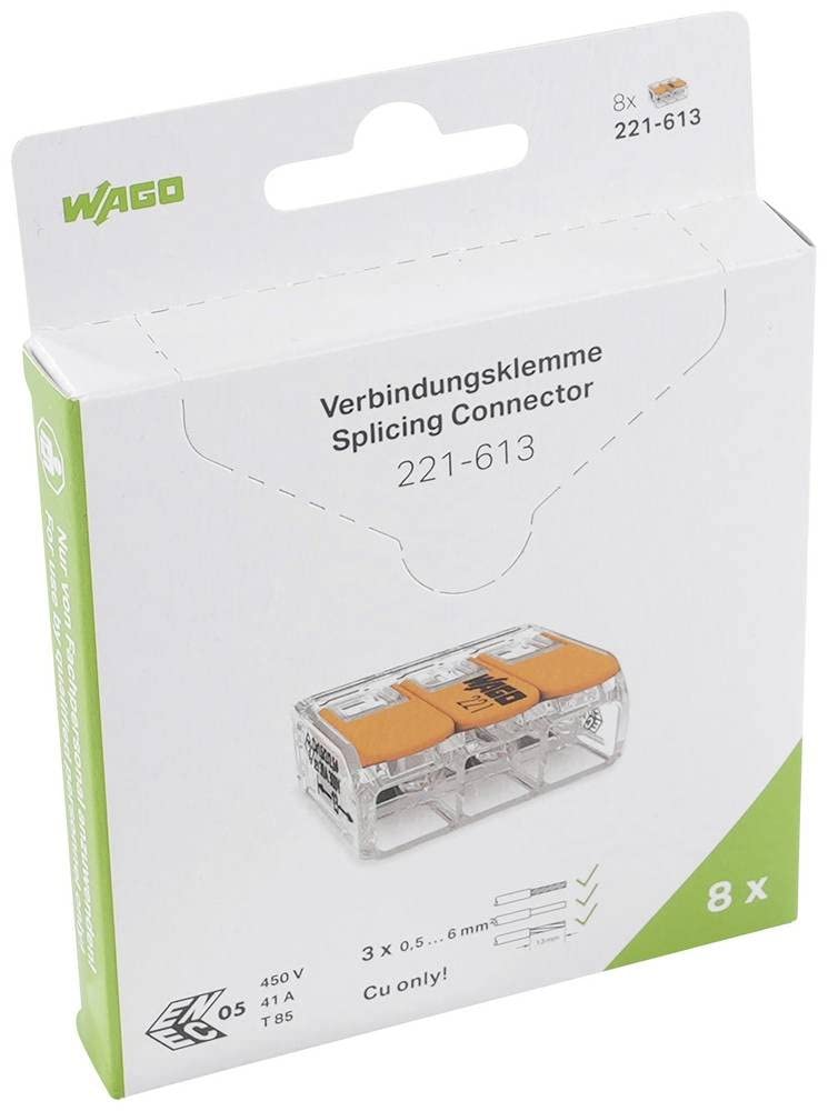 WAGO Verbindungsklemmen 221-613 | 3-polig, bis 6 mm², COMPACT Kabelverbinder mit Hebel für alle Leit