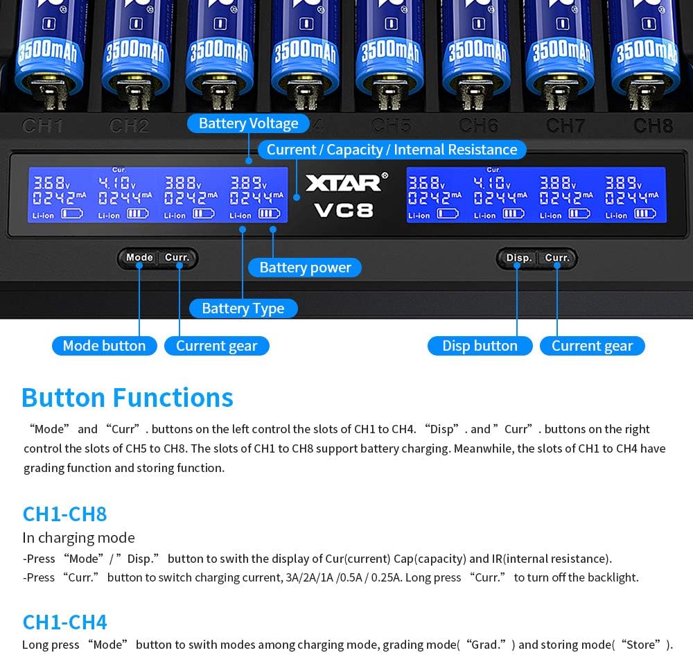 18650 Ladegerät 8 Einschübe XTAR VC8 21700 Ladegerät mit LCD-Anzeige für 3,6 V 3,7 V Li-Ion 10440 16