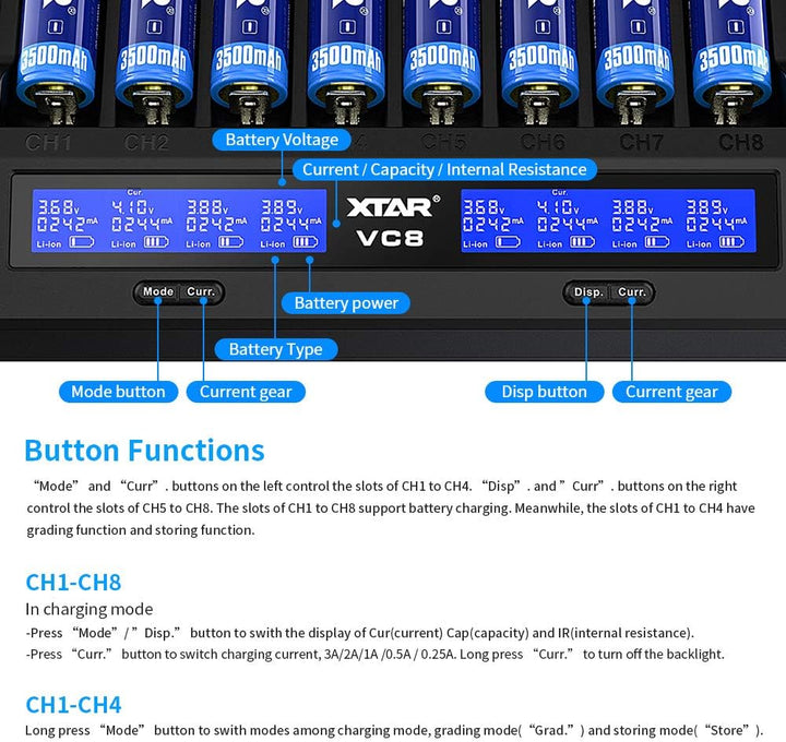 18650 Ladegerät 8 Einschübe XTAR VC8 21700 Ladegerät mit LCD-Anzeige für 3,6 V 3,7 V Li-Ion 10440 16