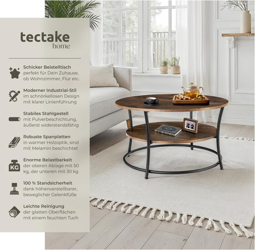 tectake® Tisch rund, 2 Ablagen, Wohnzimmertisch Ø 80, Couchtisch mit Stauraum, Beistelltisch Holz un