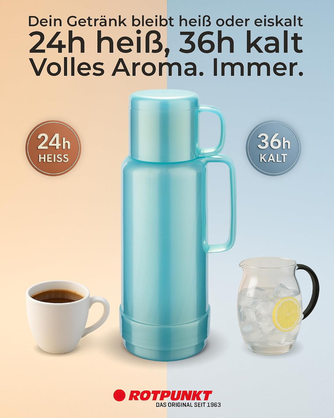 ROTPUNKT Isolierflasche 500ml mit integriertem Becher - Hochwertige Isolierkanne Made in Germany I B