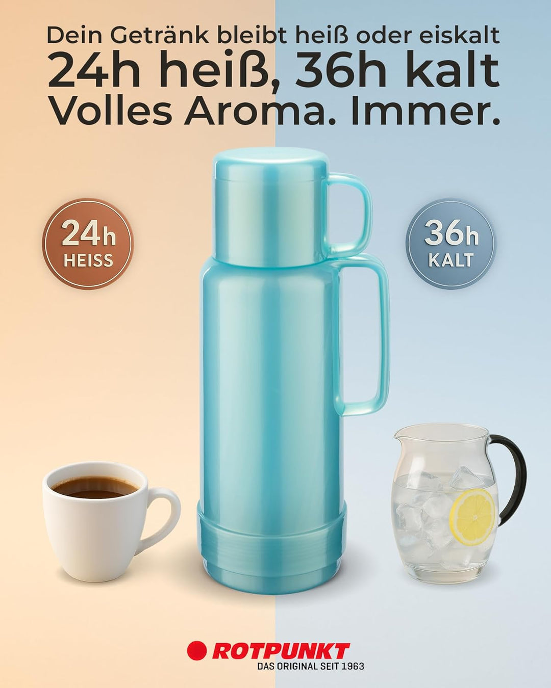 ROTPUNKT Isolierflasche 1 Liter mit integriertem Becher - Hochwertige Isolierkanne Made in Germany I