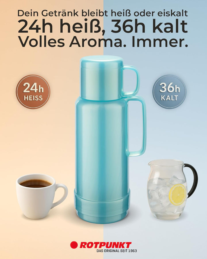 ROTPUNKT Isolierflasche 1 Liter mit integriertem Becher - Hochwertige Isolierkanne Made in Germany I