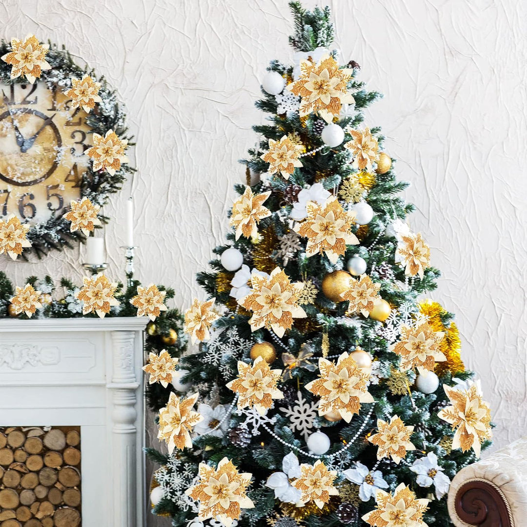 24 Glitzer Weihnachtsstern Blumen Künstliche Weihnachten Blumen Ornamente Hochzeit Blume Deko Weihna