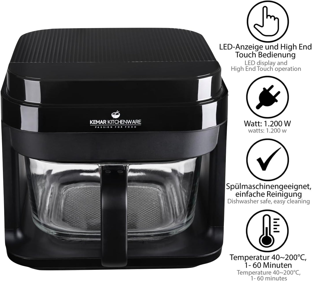 KHF-550 Heissluftfritteuse, 5,5 Liter,1.200W, Touchdisplay,Frittierkorb aus Glas ohne Beschichtung,