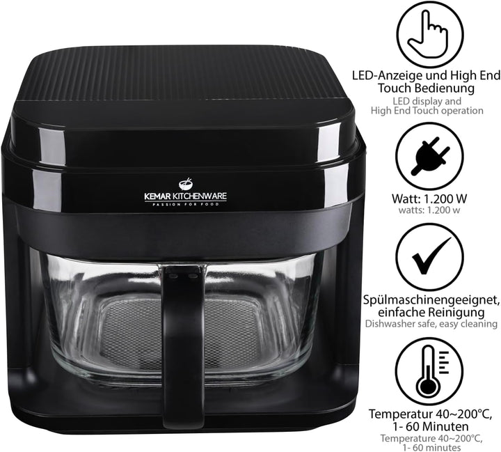 KHF-550 Heissluftfritteuse, 5,5 Liter,1.200W, Touchdisplay,Frittierkorb aus Glas ohne Beschichtung,
