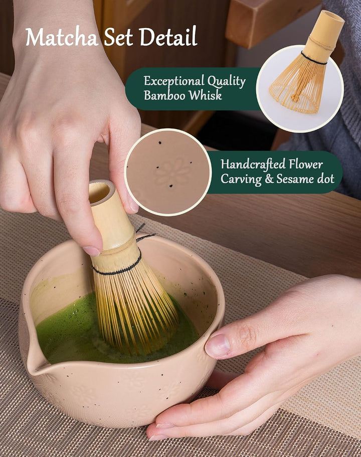 Matcha Set 6, Japanisches Matcha Schale &amp; Bambusbesen Set mit Edelstahl-Sieb, Besenhalter, Dosierlöf