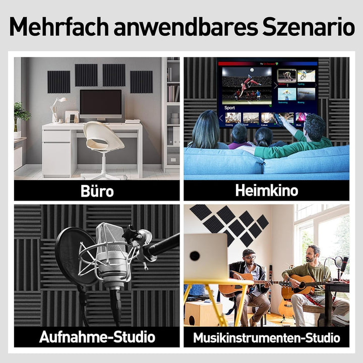 12 Stück Akustikpaneele, Selbstklebend Wandpaneele, Schwarz Gerillte Akustikschaumstoff 12 x 12 x 2