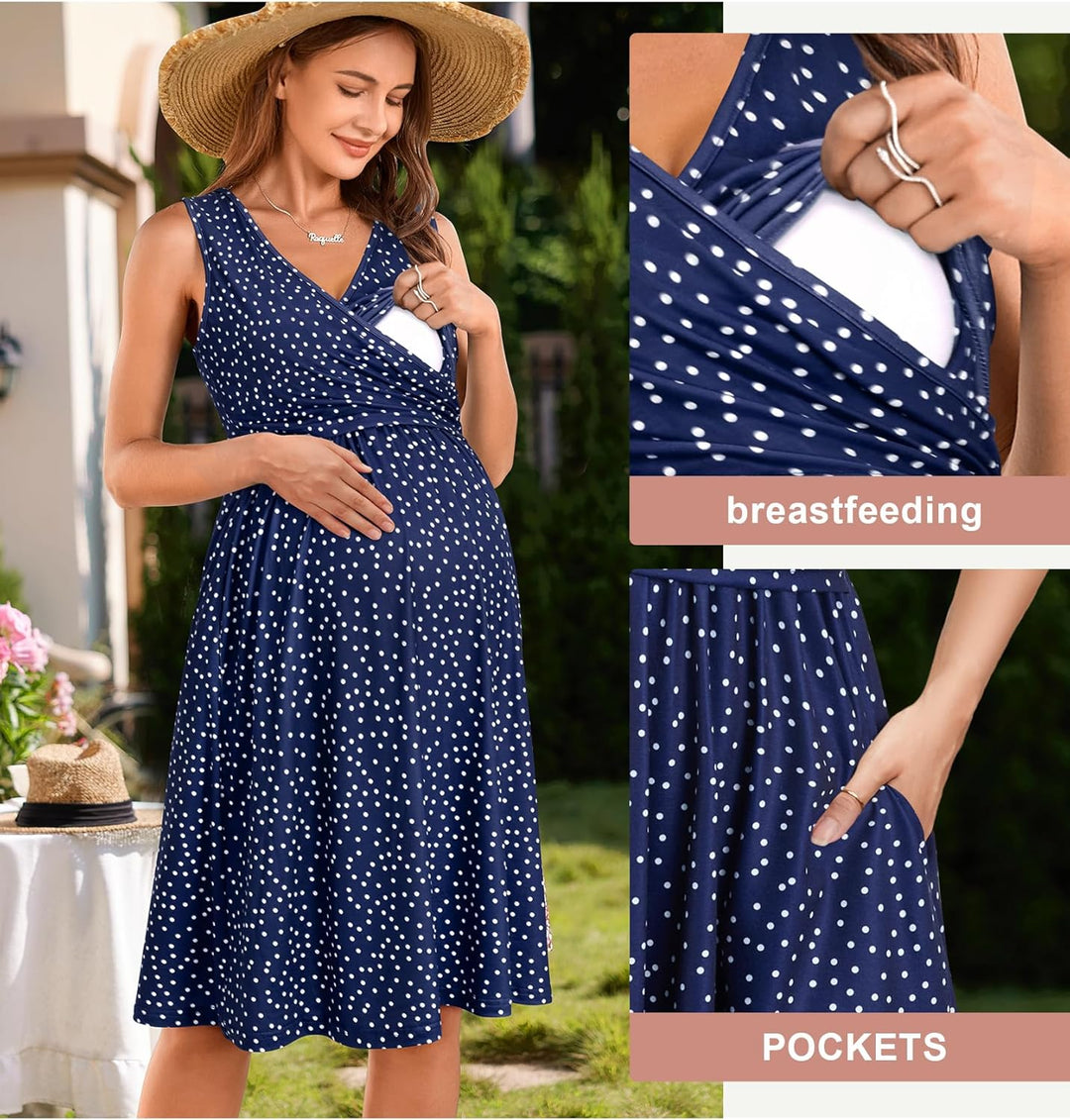 OUGES Damen Sommer Umstandskleid Midi Stillkleid Baumwolle Kleider für Schwangere Lässiges Umstandsm
