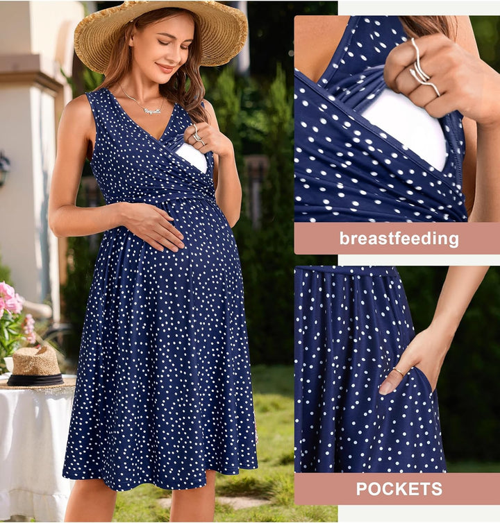 OUGES Damen Sommer Umstandskleid Midi Stillkleid Baumwolle Kleider für Schwangere Lässiges Umstandsm