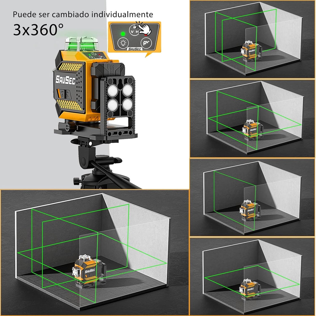 Kreuzlinienlaser, SAVSEC 3x360 Laser Wasserwaage mit Einstellbarer Helligkeit, Grün Selbstnivelliere