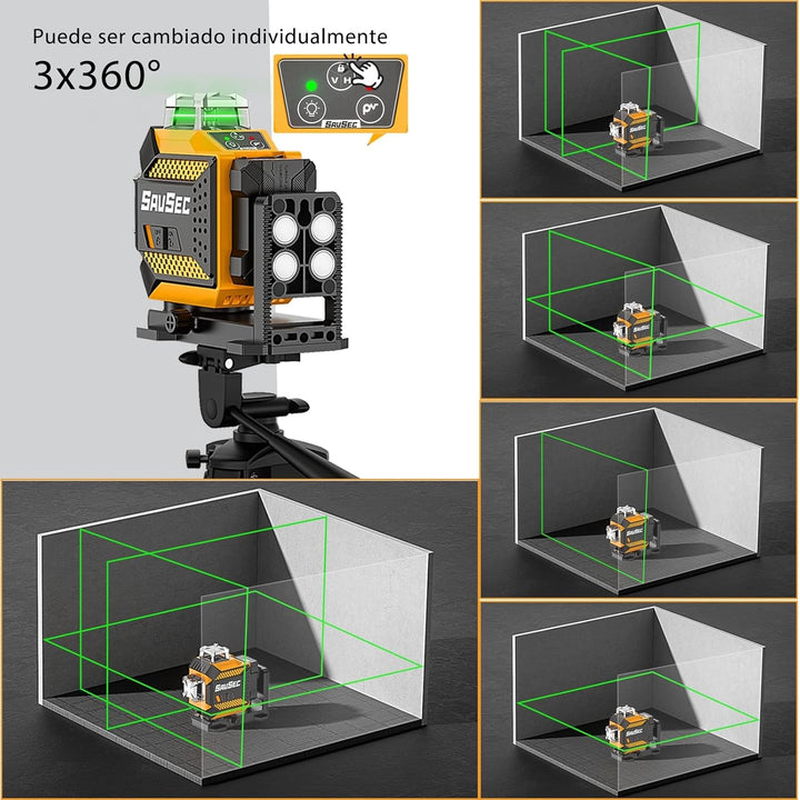 Kreuzlinienlaser, SAVSEC 3x360 Laser Wasserwaage mit Einstellbarer Helligkeit, Grün Selbstnivelliere