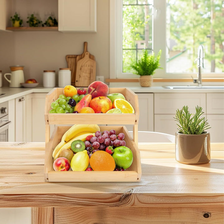 LANTUS 2 Etagen für Obst, aus Bambus, Obstkorb aus Bambus, 2 Etagen, 2 Ebenen, Halterung für die Auf