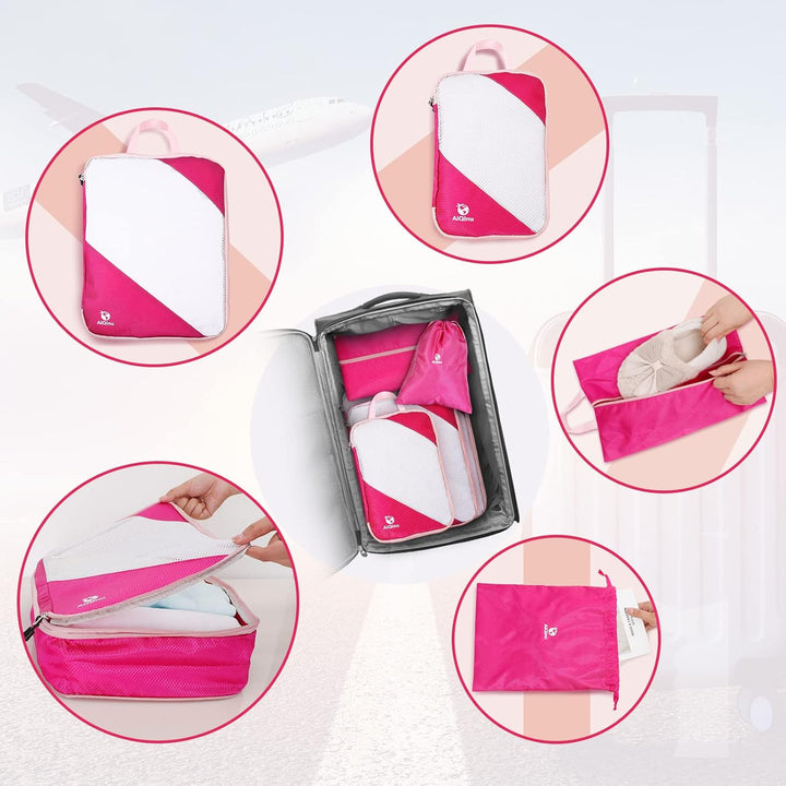 AiQInu Packing Cubes Compression, 5 Stück Packtaschen Kompression Koffer Organizer Set mit Wäschebeu