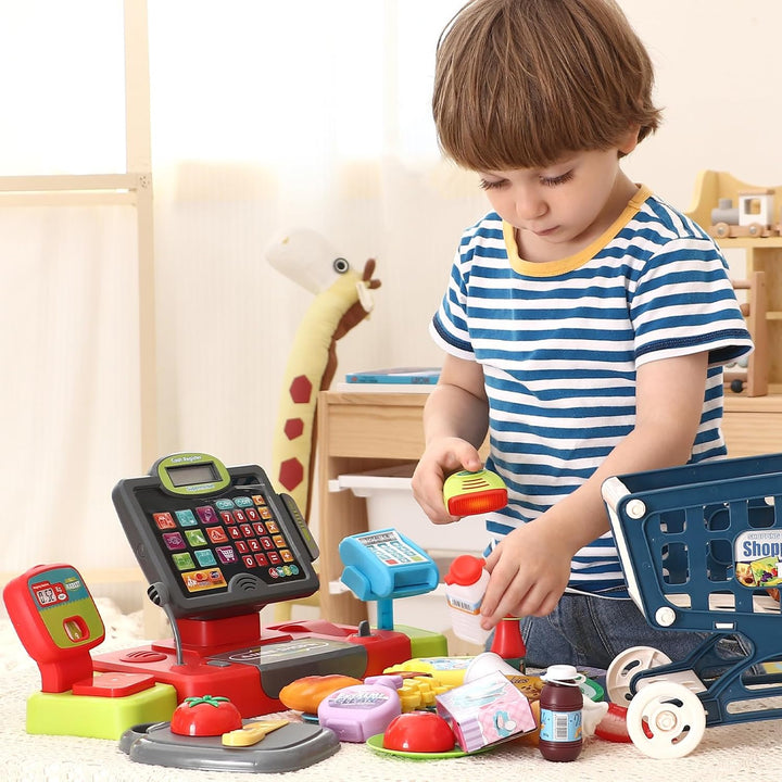 Kinderkasse Spielzeug Elektronisch Kasse Kaufladen Kinder mit Scanner, Einkaufswagen, Rechnerfunktio