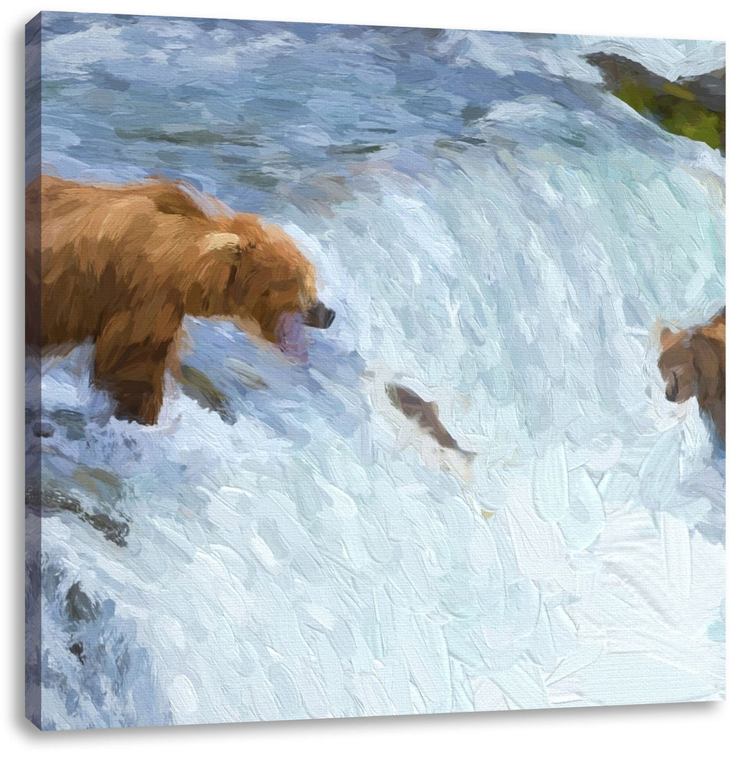 Pixxprint Bär beim Baden, Format: 70x70 auf Leinwand, XXL riesige Bilder fertig gerahmt mit Keilrahm