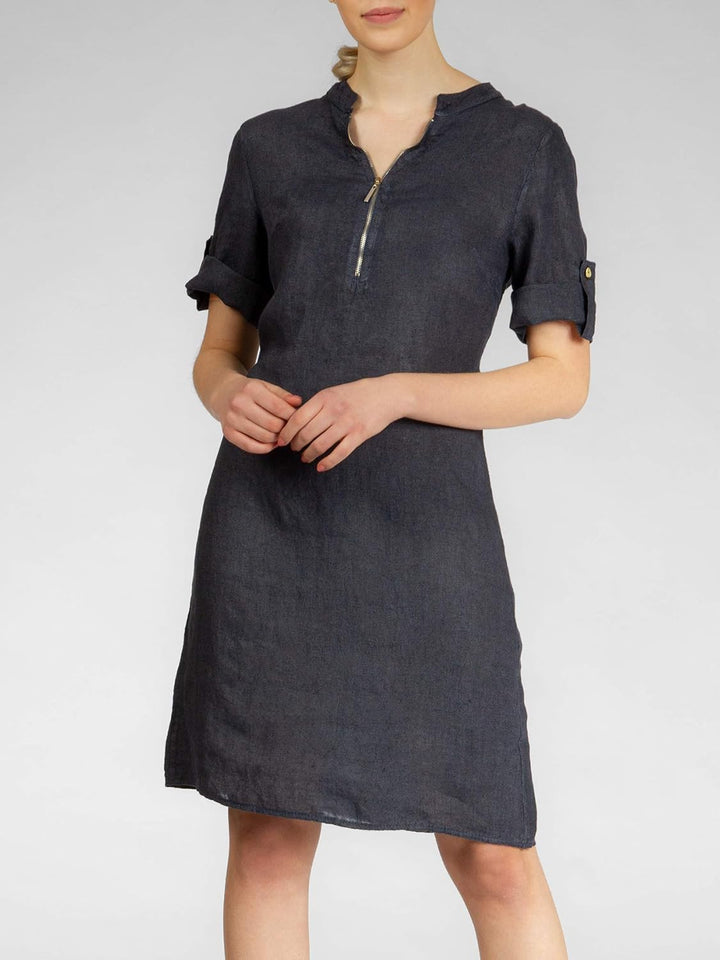 Caspar SKL037 stylisches knielanges Damen Sommer Leinenkleid mit Reissverschluss Ausschnitt 36 Dunke