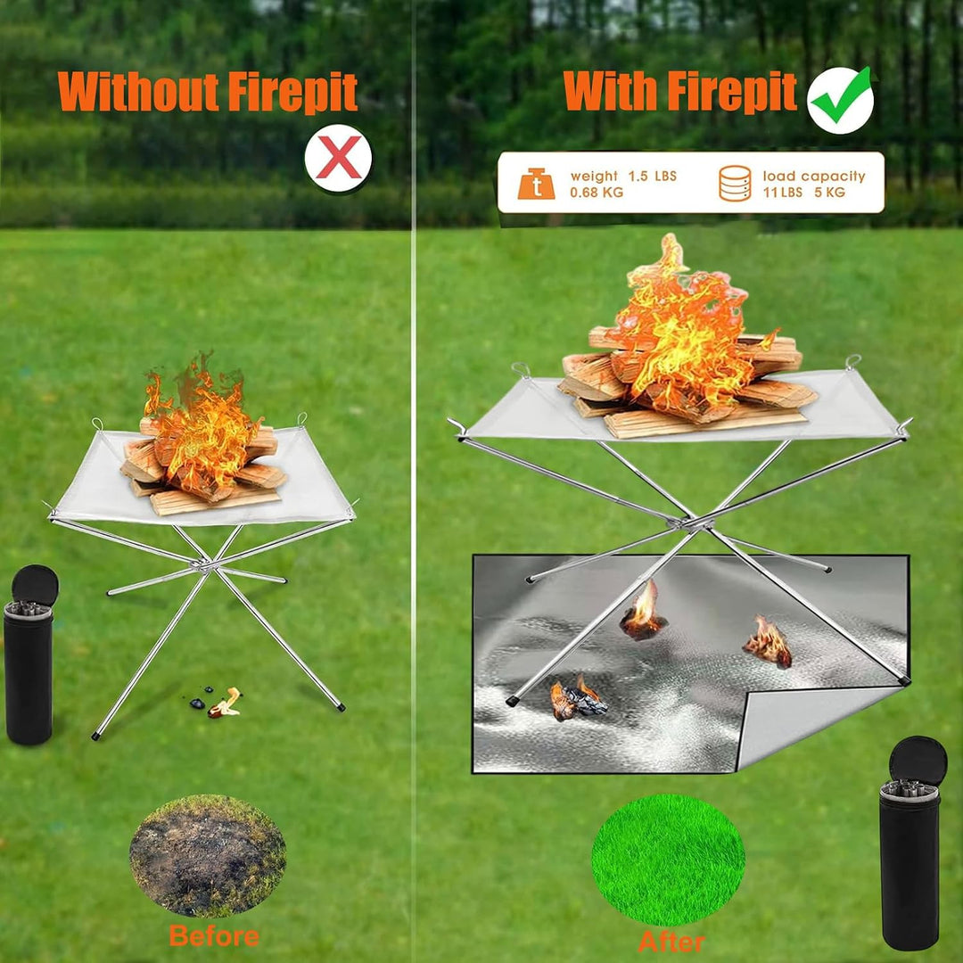 Tragbare 42cm Feuerschale Edelstahl mit 50x100cm Brandschutzmatte | Klappbare Feuerstelle Outdoor fü