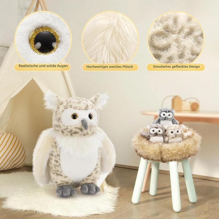 MorisMos gross Eule Kuscheltier XXL Set, 40cm hoch riesen Eule Kuscheltier mit 3 Babys im Bauch, owl