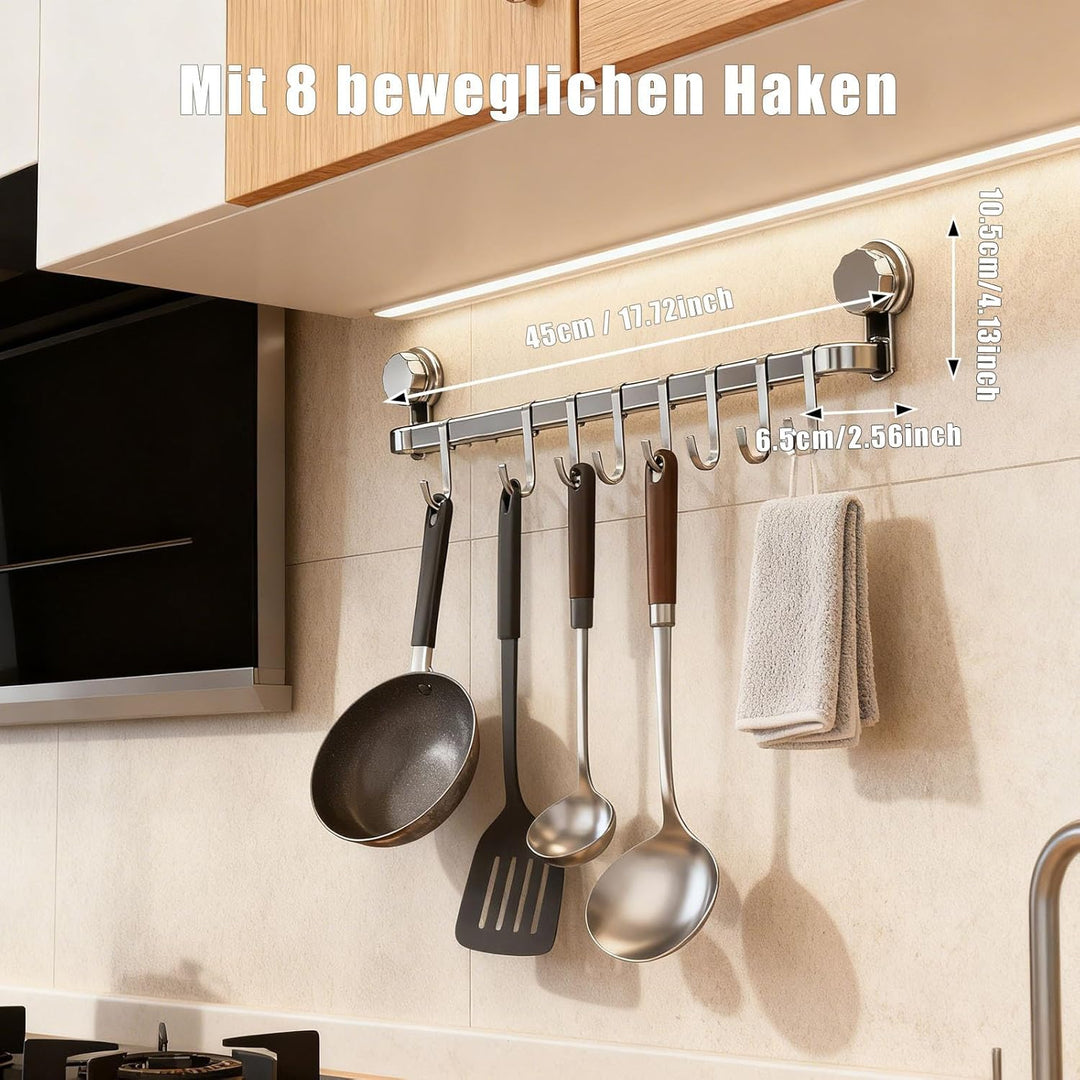 Hakenleiste Küche ohne Bohren mit 8 Haken,Küchenutensilienhalter Saugnapf Montage,45 cm lang,Halter