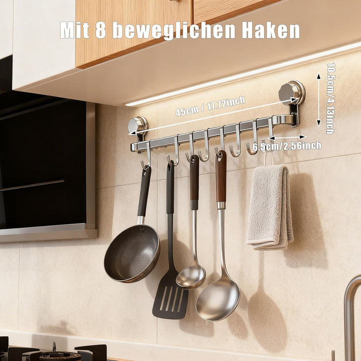 Hakenleiste Küche ohne Bohren mit 8 Haken,Küchenutensilienhalter Saugnapf Montage,45 cm lang,Halter