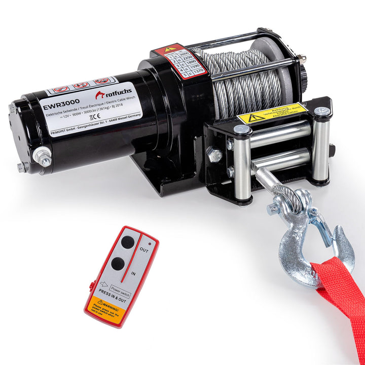 ROTFUCHS Elektrische Seilwinde 12V mit Funkfernbedienung – 1360 kg / 3000lbs Offroad Motorwinde Seil