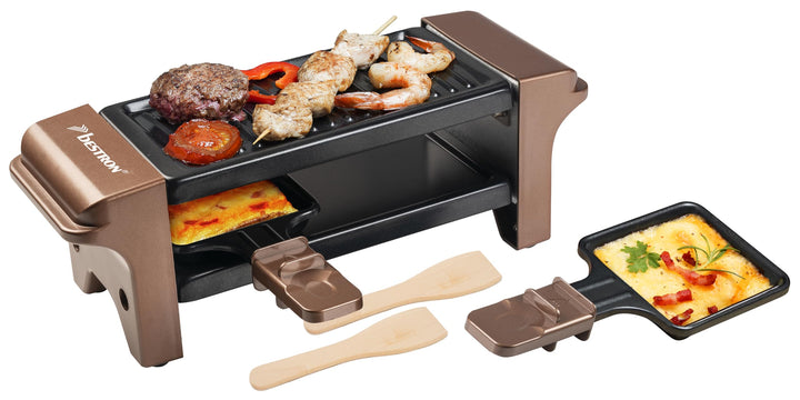 Bestron Raclette für 1 bis 2 Personen, Mini Tischgrill mit zwei Pfännchen, zwei Holzschabern & zwei
