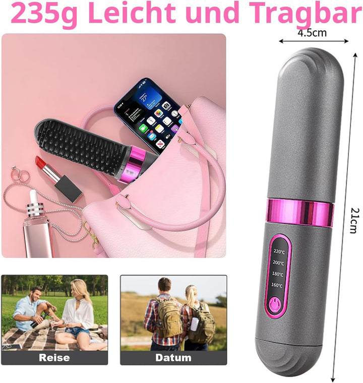 Kabellose Glättbürste, MCH Keramikheizung Negative Ionen Mini Glätteisen | 4 Temp Einstellungen, Haa