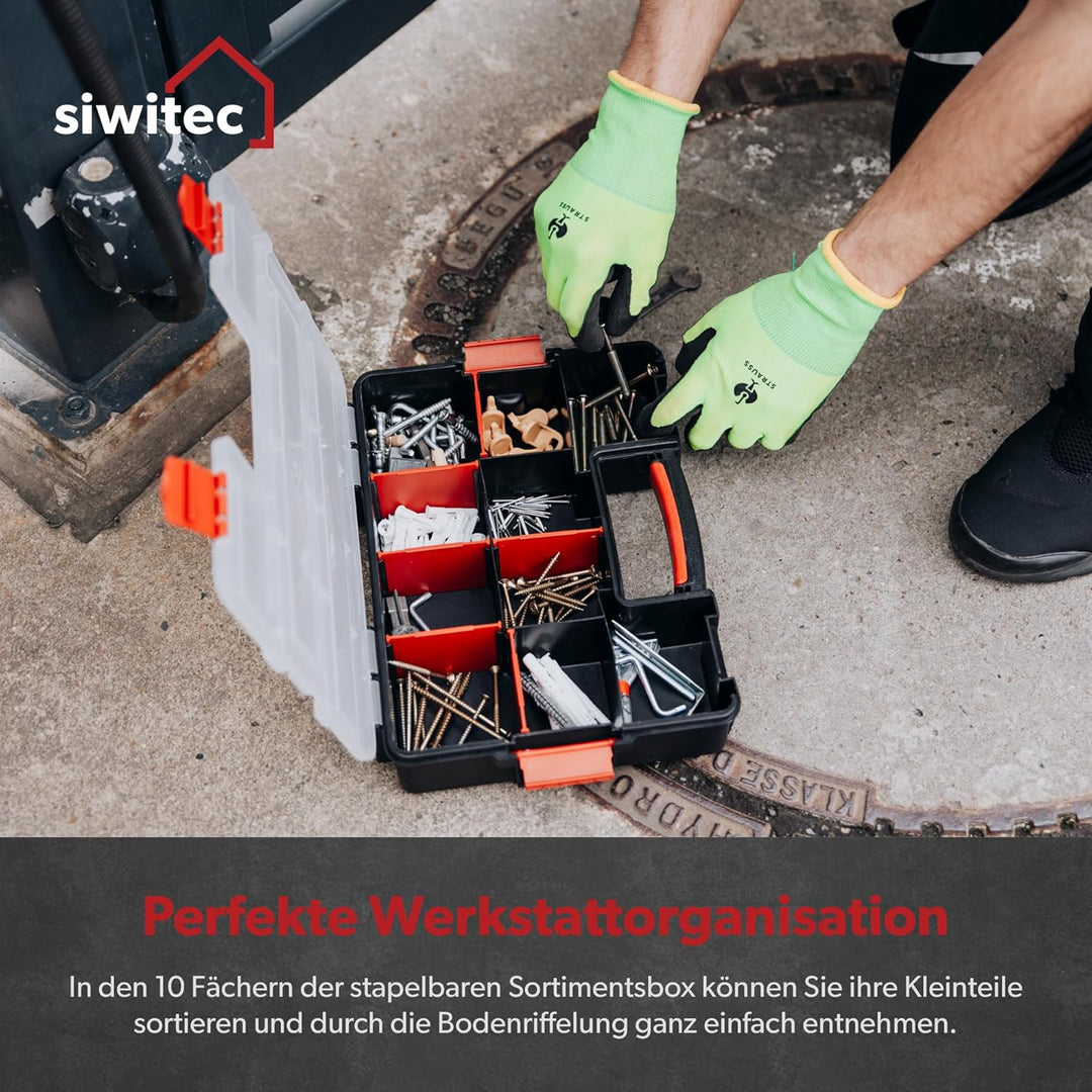 3 x siwitec Sortimentskasten, 10 Fächer und 6 anpassbare Trennstege, stapelbar, Sortimentsbox Kleint