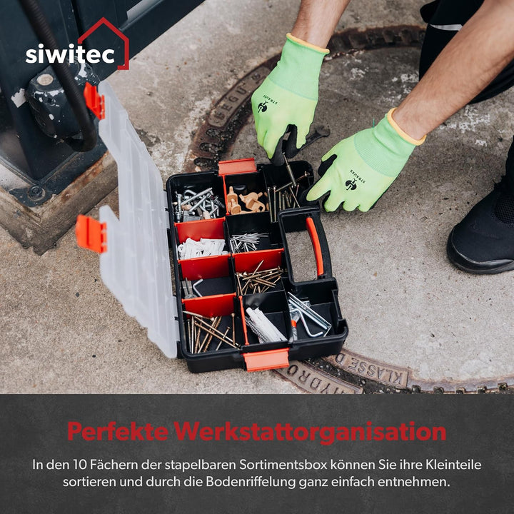 3 x siwitec Sortimentskasten, 10 Fächer und 6 anpassbare Trennstege, stapelbar, Sortimentsbox Kleint