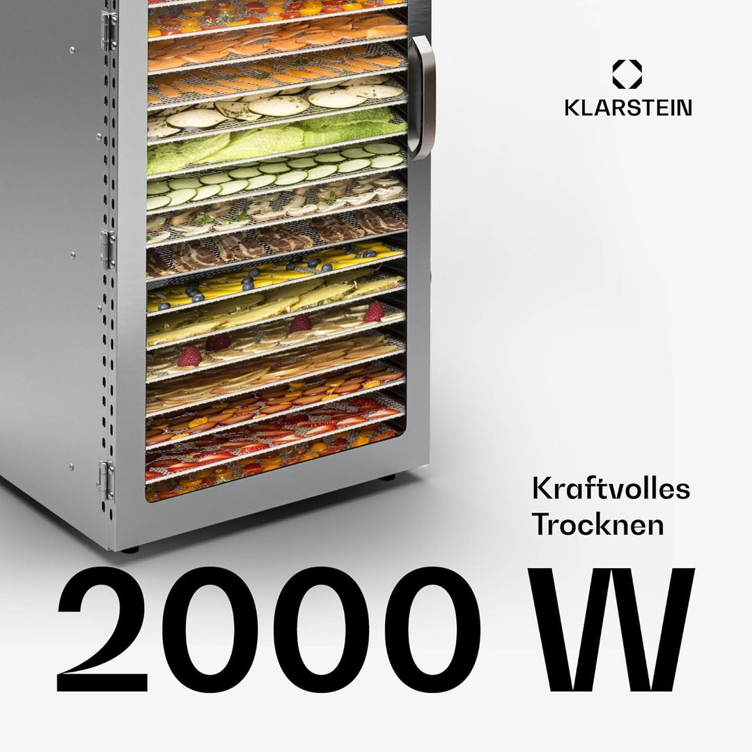 Klarstein Dörrgerät, Dörrautomat für Gemüse, Obst, Pilze & Fleisch, 2000W Edelstahl-Dörrautomat, Tro