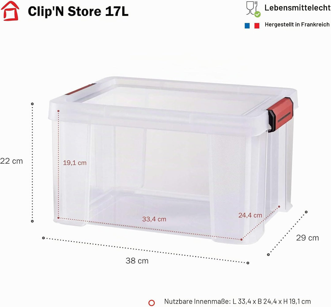 SUNDIS Clip'N Store, 3er-set Aufbewahrungsboxen 17l mit Schnappdeckel, transparentem Kunststoff, ver