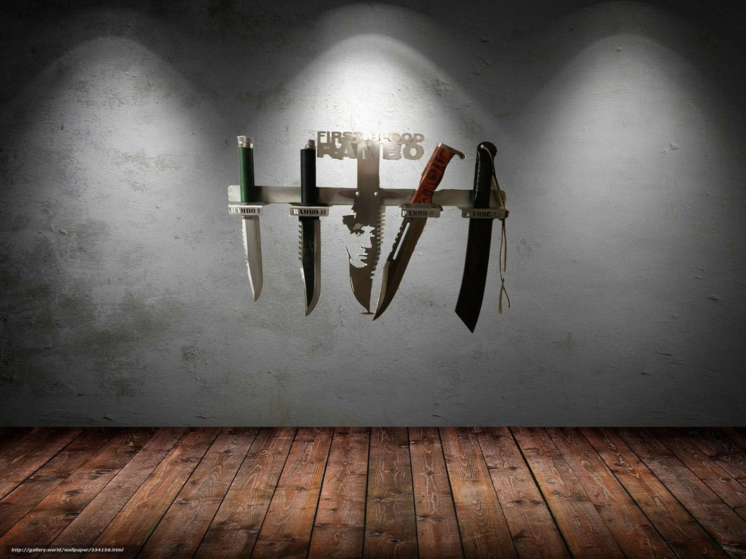 Generisch Arizona Outlet Rambo-Messer-Set 1 2 3 und 4 und Edelstahl Design Wand Halterung