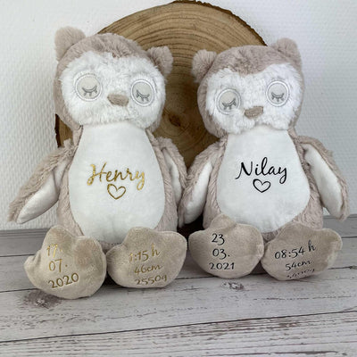 mamir home Eule Kuscheltier personalisiert mit Name + Geburtsdaten I 28cm Plüschtier I Baby Geschenk