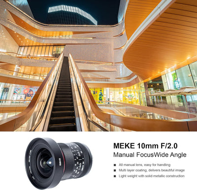 Meike 10 mm F2.0 grosse Blende, Weitwinkelobjektiv, manueller Fokus, APS-C-Objektiv, kompatibel mit