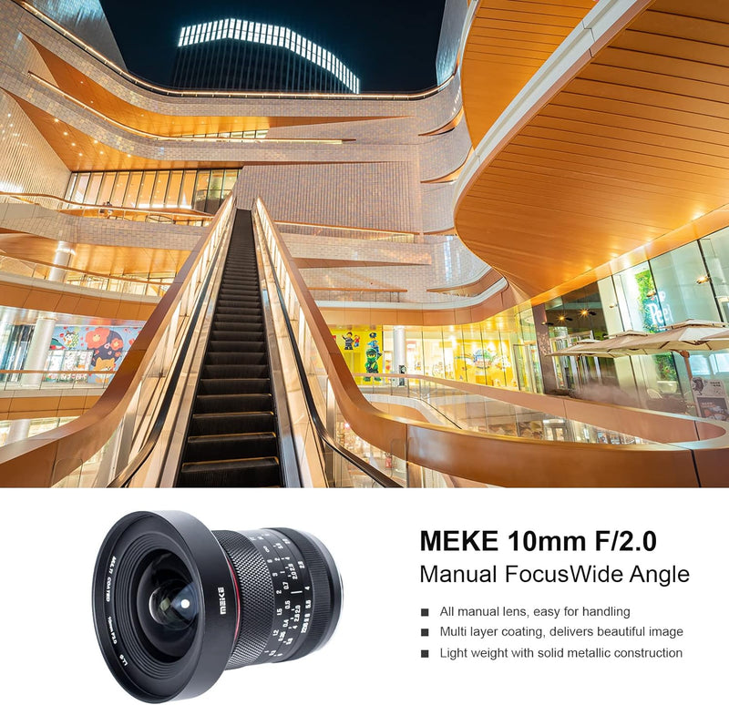 Meike 10 mm F2.0 grosse Blende, Weitwinkelobjektiv, manueller Fokus, APS-C-Objektiv, kompatibel mit